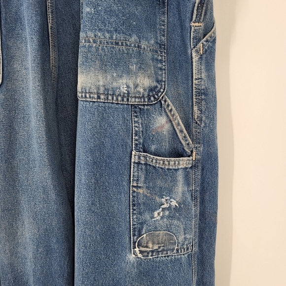 Vintage 90s Carhartt Loose Fit Denim Overalls Work Worn Distressed Blue 42 x 30 - Picture 11 of 15